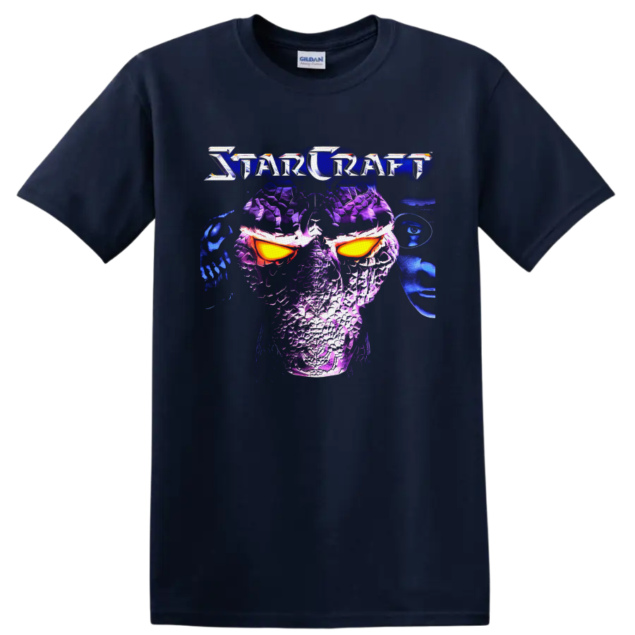 StarCraft Protoss warrior in neon purple armor with glowing orange eyes on a Navy (Blue) T Shirt