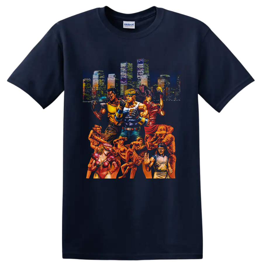 Streets of Rage fighters in comic-style action before a neon city skyline on a Navy (Blue) T Shirt