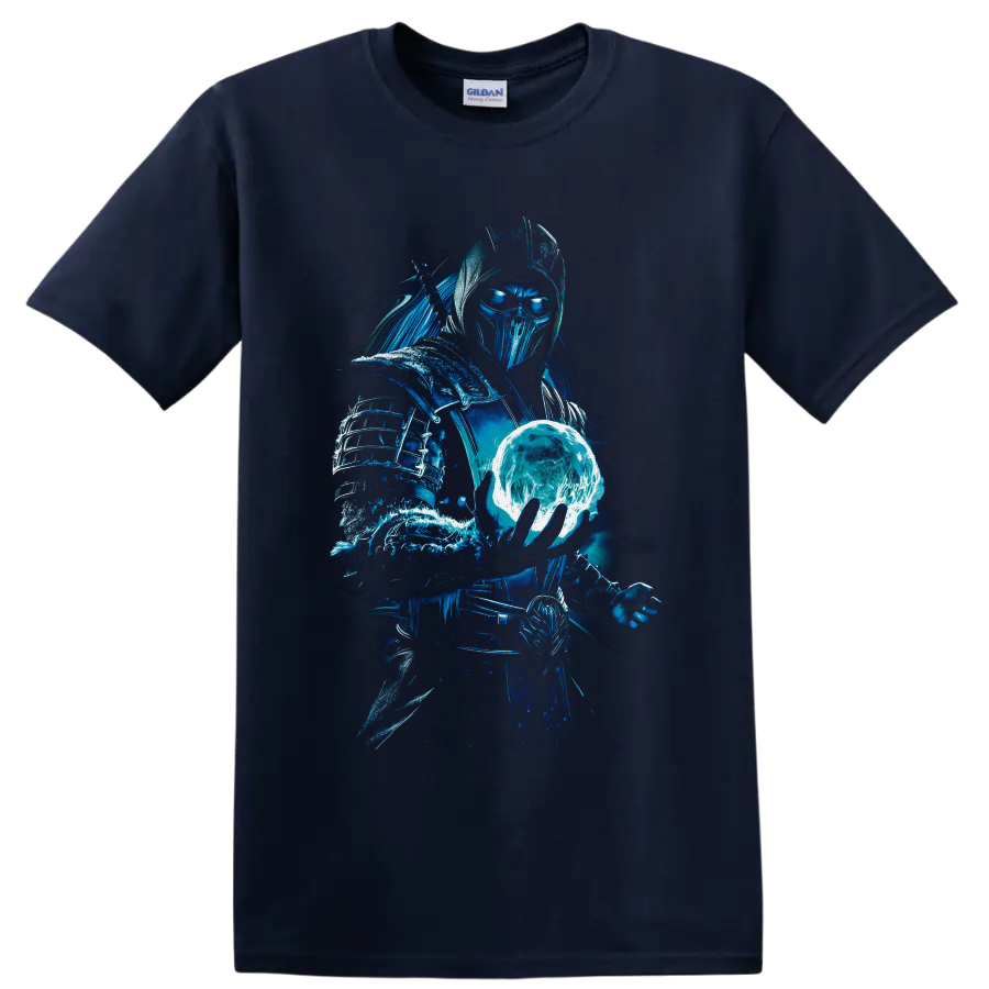 Sub-Zero ice warrior holding a glowing frozen orb in electric blue fantasy art on a Navy (Blue) T Shirt