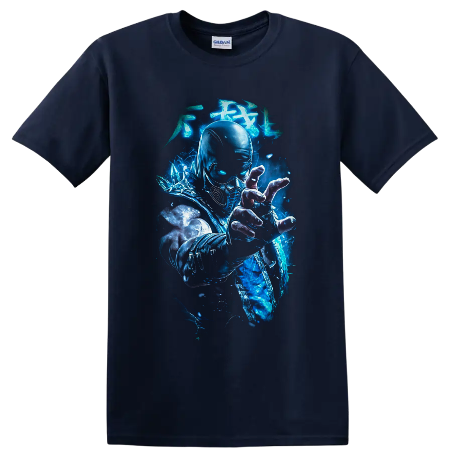 Sub-Zero ice ninja with glowing blue energy, crystalline shards, and combat armor on a Navy (Blue) T Shirt