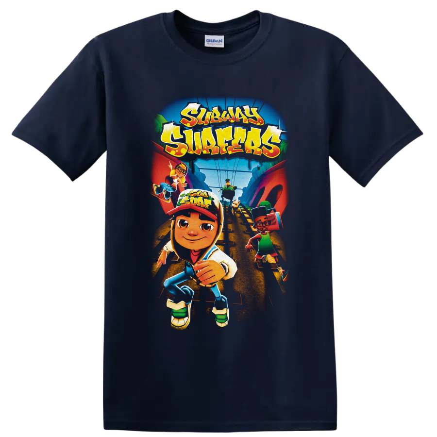 Subway Surfers runners racing along train tracks in colorful cartoon game art on a Navy (Blue) T Shirt
