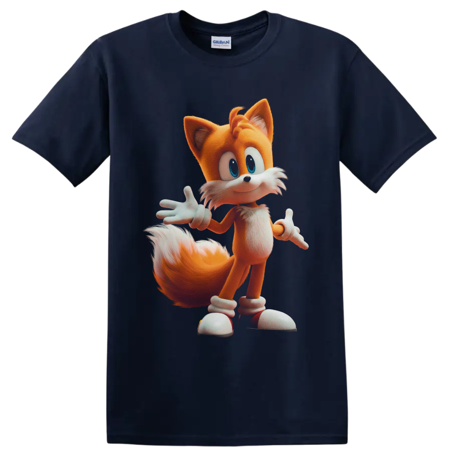 Tails from Sonic the Hedgehog in a colorful full-body cartoon pose on a Navy (Blue) T Shirt