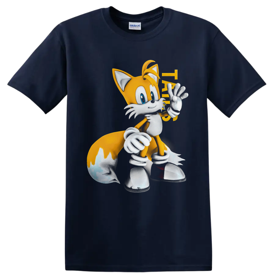 Tails from Sonic the Hedgehog waving in bright retro cartoon art on a Navy (Blue) T Shirt