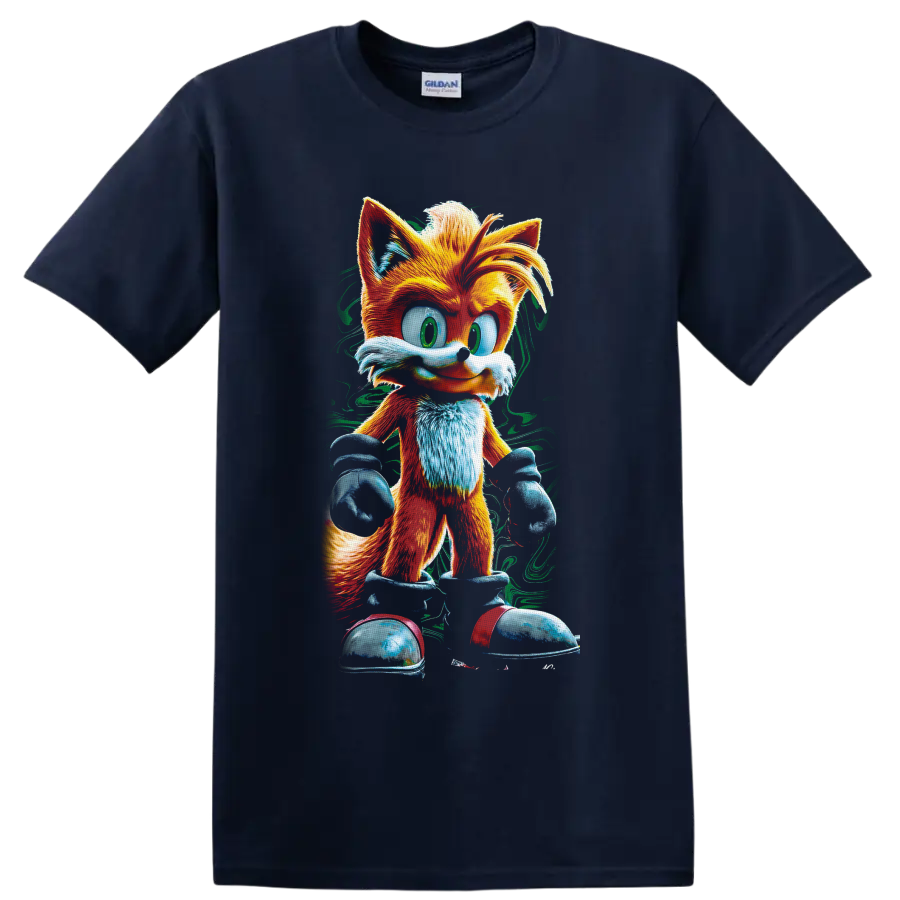 Tails Sonic the Hedgehog two-tailed fox in colorful textured cartoon art on a Navy (Blue) T Shirt