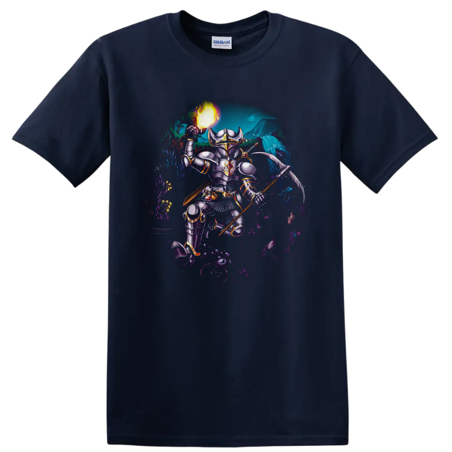 Terraria armored player character with fireball and polearm in a glowing cavern battle on a Navy (Blue) T Shirt