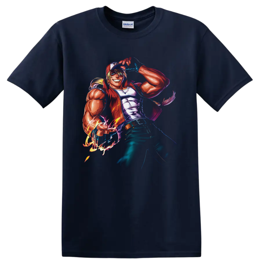 Terry Bogard anime-style fighter artwork tipping red cap with fiery glowing fist on a Navy (Blue) T Shirt