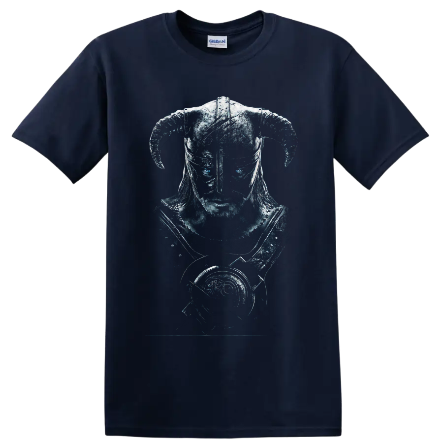 Dragonborn Skyrim warrior portrait with horned Nordic helmet and dragon emblem on a Navy (Blue) T Shirt
