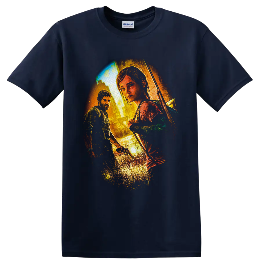 Joel and Ellie in distressed cinematic survivor art with bow and overgrown ruins on a Navy (Blue) T Shirt