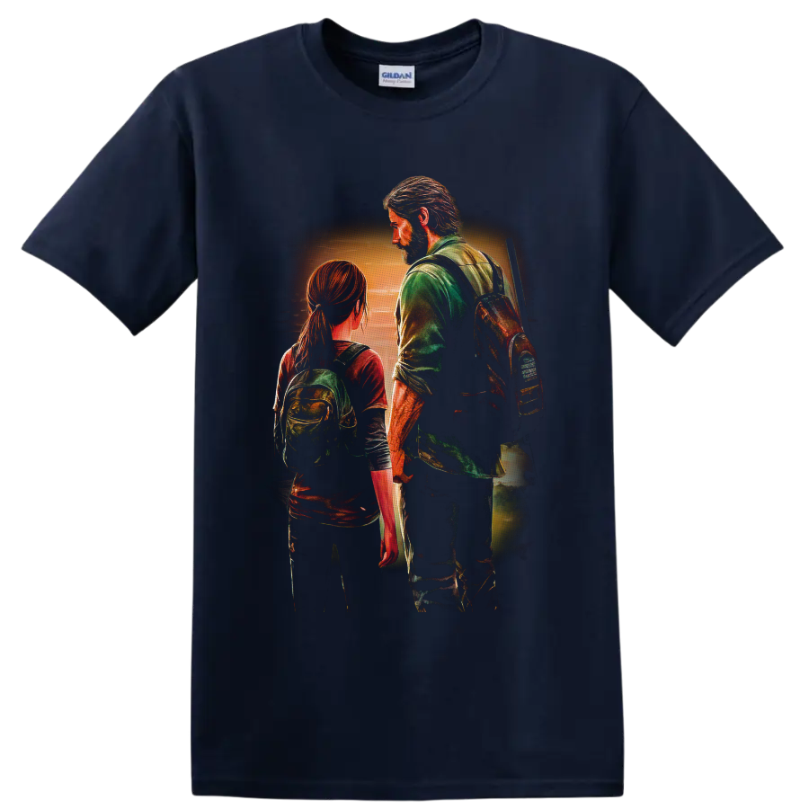 Joel and Ellie sunset survivor scene in textured painterly gaming art on a Navy (Blue) T Shirt