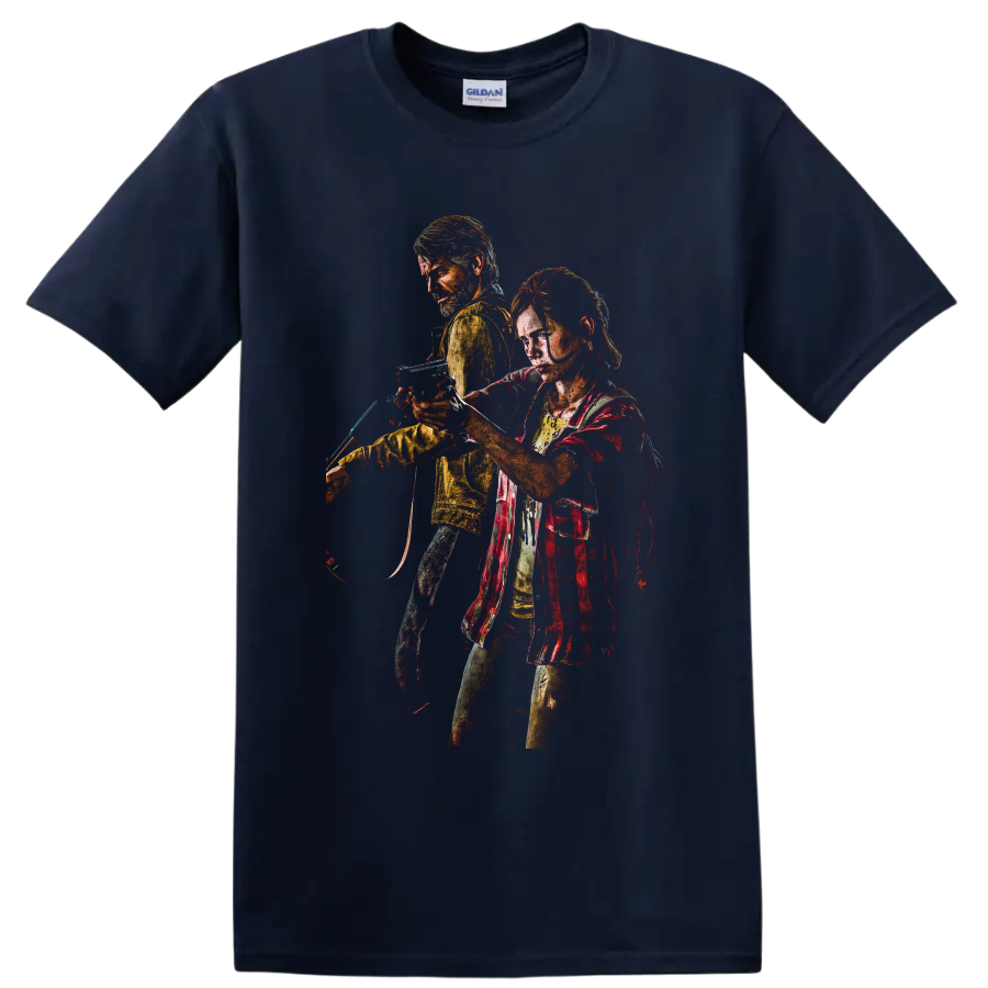 Joel and Ellie distressed survival character artwork from The Last of Us on a Navy (Blue) T Shirt
