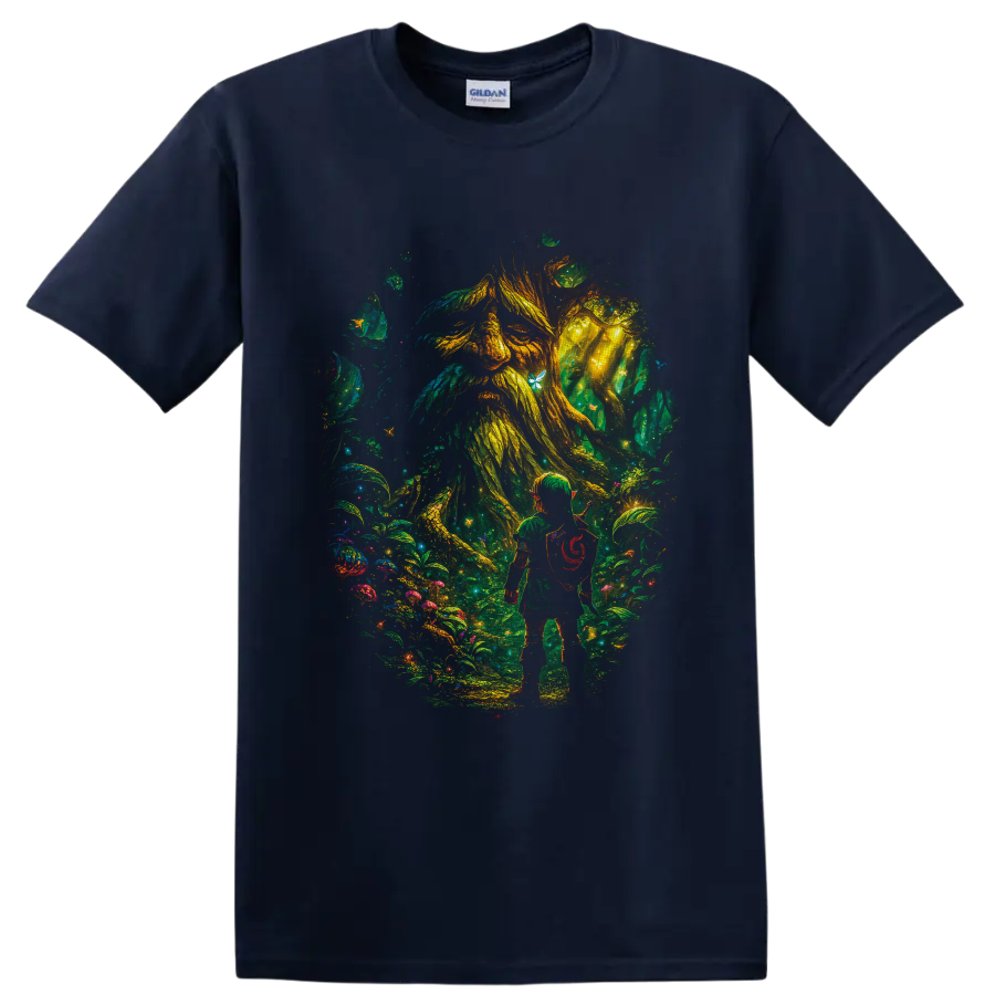 Link facing the Great Deku Tree in a glowing painterly fantasy forest on a Navy (Blue) T Shirt