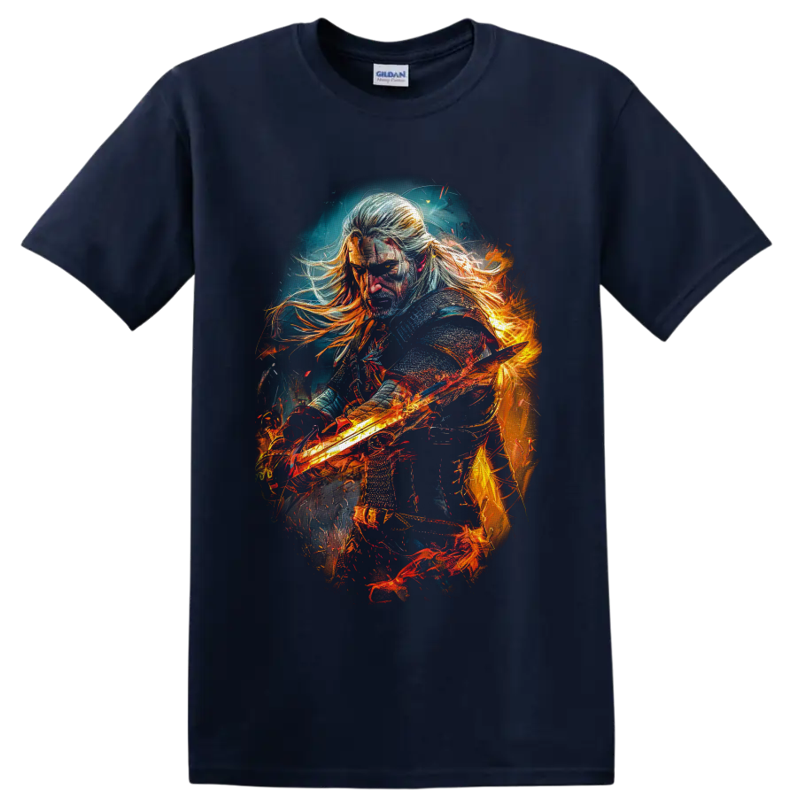 Geralt of Rivia with a fiery sword in dramatic painterly fantasy art on a Navy (Blue) T Shirt