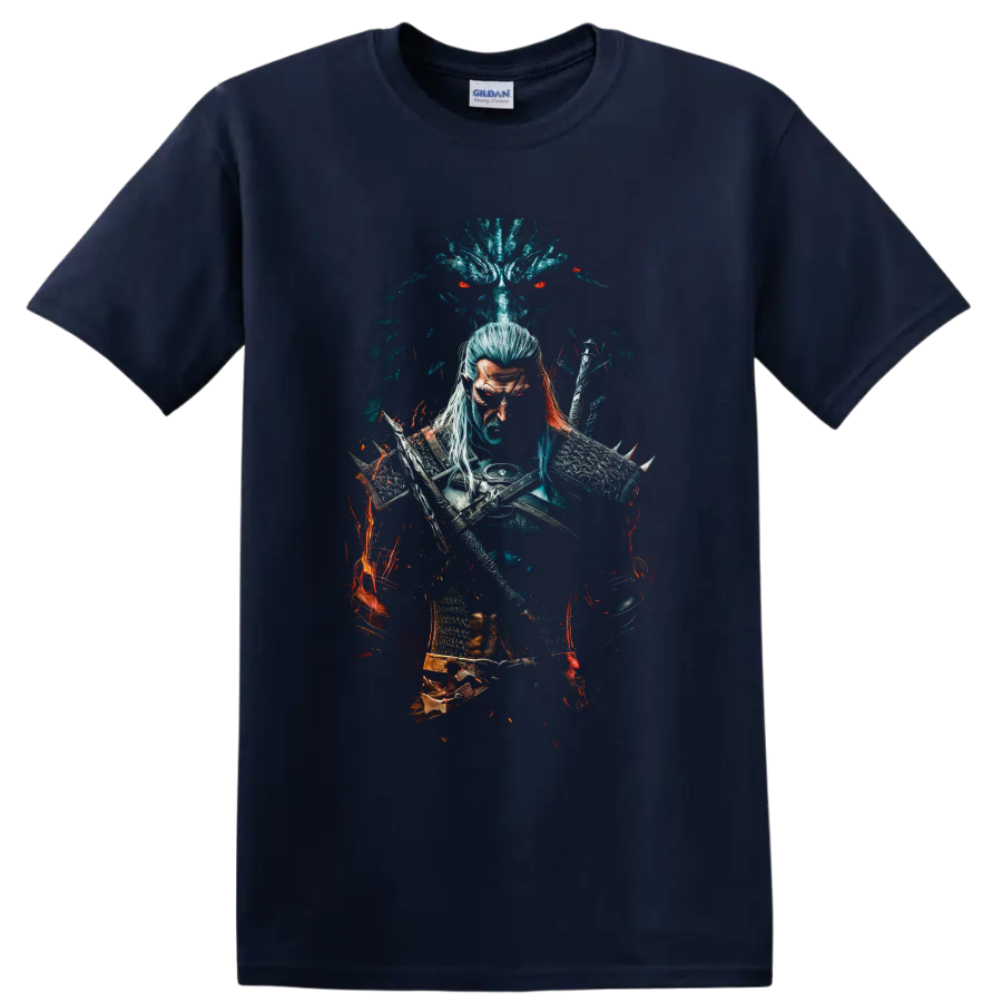 Geralt of Rivia with swords, wolf medallion, spectral wolf, and fiery dark fantasy art on a Navy (Blue) T Shirt
