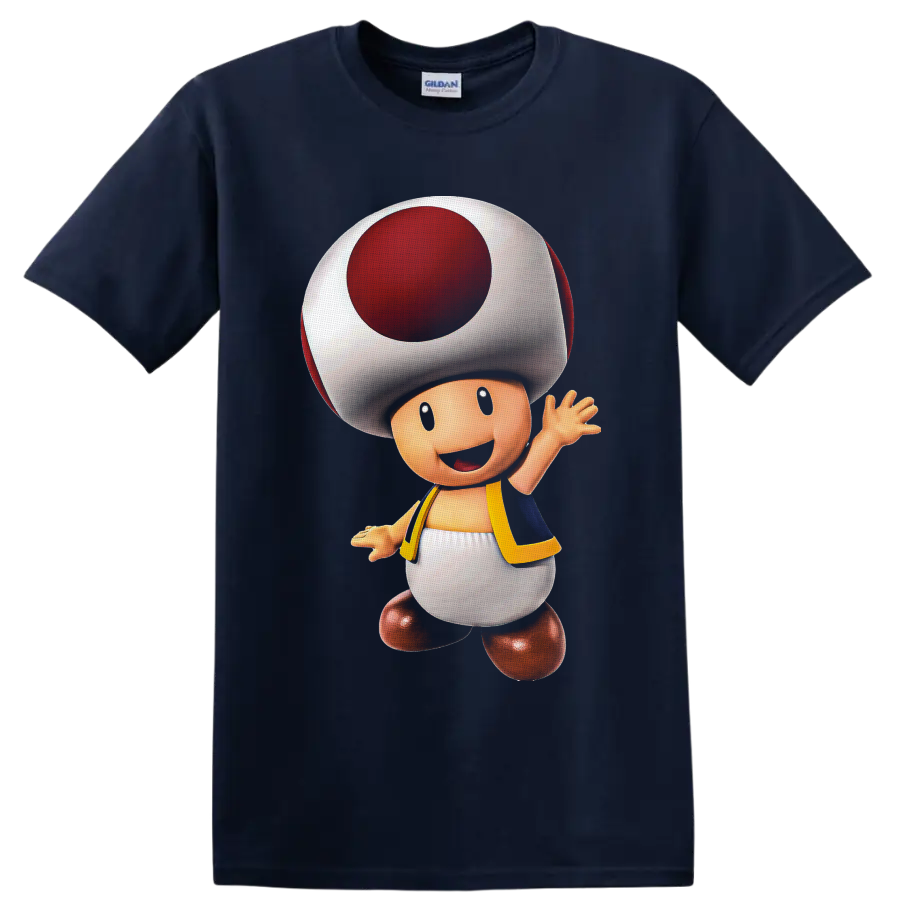 Toad from Super Mario waving in colorful polished character art on a Navy (Blue) T Shirt