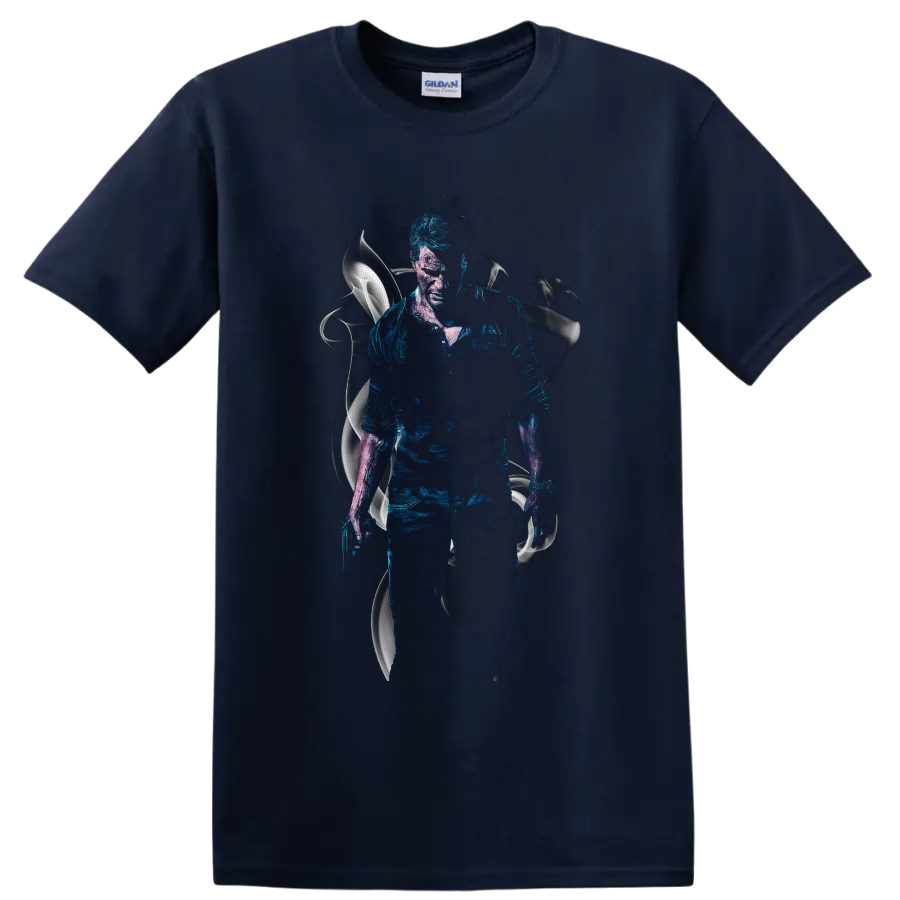 Nathan Drake Uncharted 4 blue textured action portrait with silver abstract accents on a Navy (Blue) T Shirt