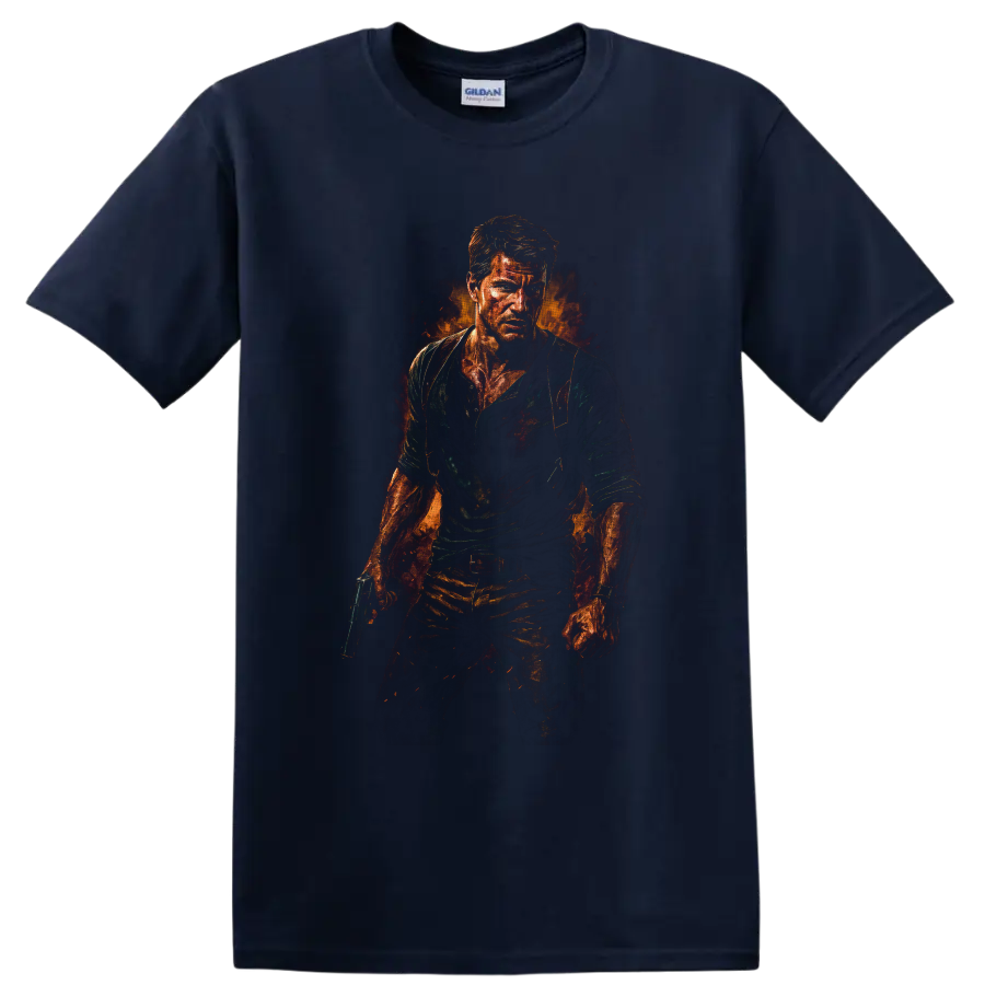 Nathan Drake Uncharted fiery painterly action portrait holding a pistol on a Navy (Blue) T Shirt