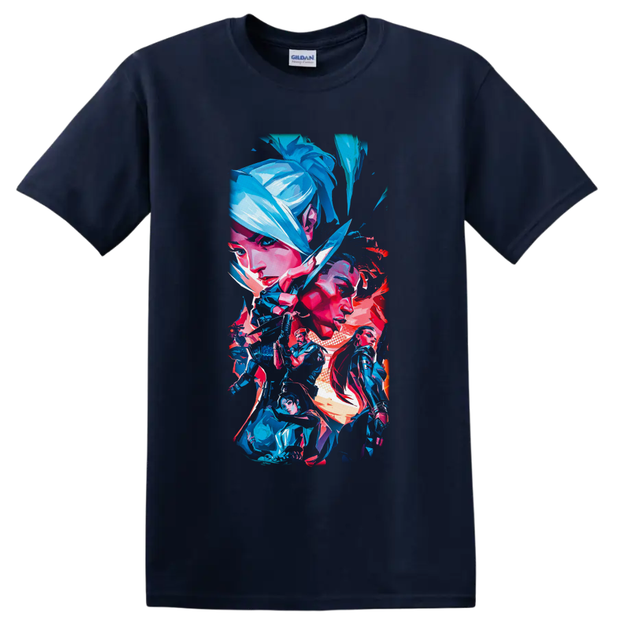 Valorant Agents in a neon blue, pink, and red angular gaming character collage on a Navy (Blue) T Shirt