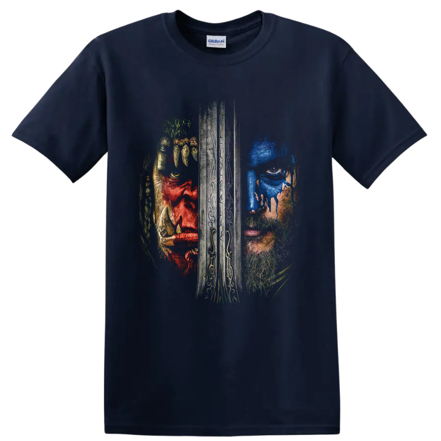Warcraft Alliance and Horde split warrior portrait divided by an engraved sword on a Navy (Blue) T Shirt