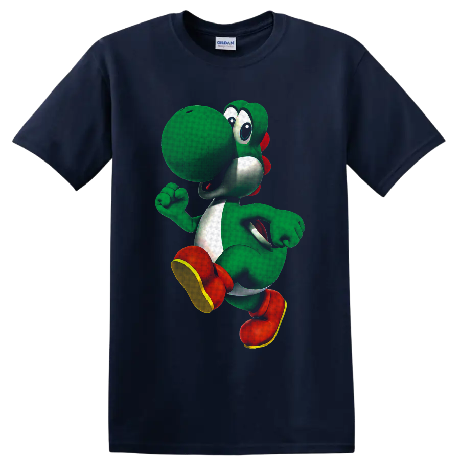 Yoshi running pose cartoon graphic from Super Mario on a Navy (Blue) T Shirt