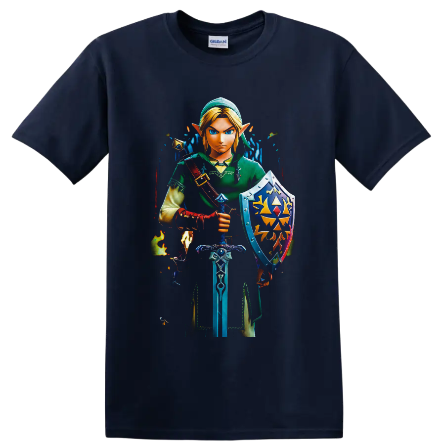 Link with sword and ornate shield in vivid fantasy game art on a Navy (Blue) T Shirt