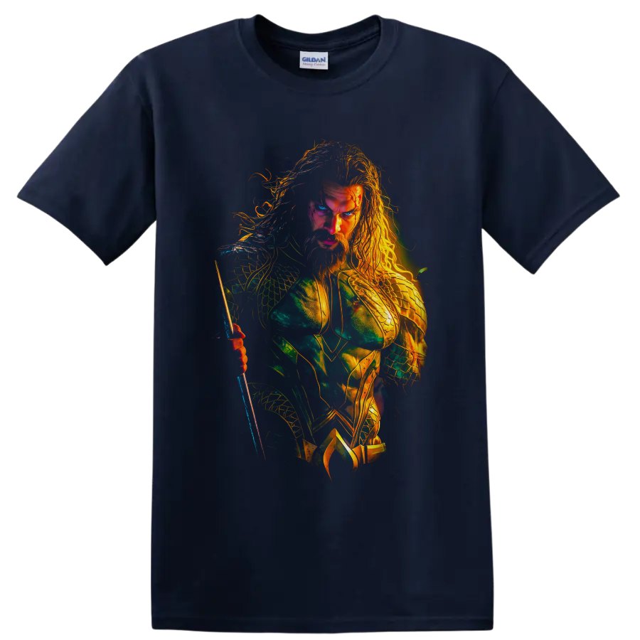 Aquaman trident warrior in luminous teal and gold comic-inspired armor art on a Navy (Blue) T Shirt