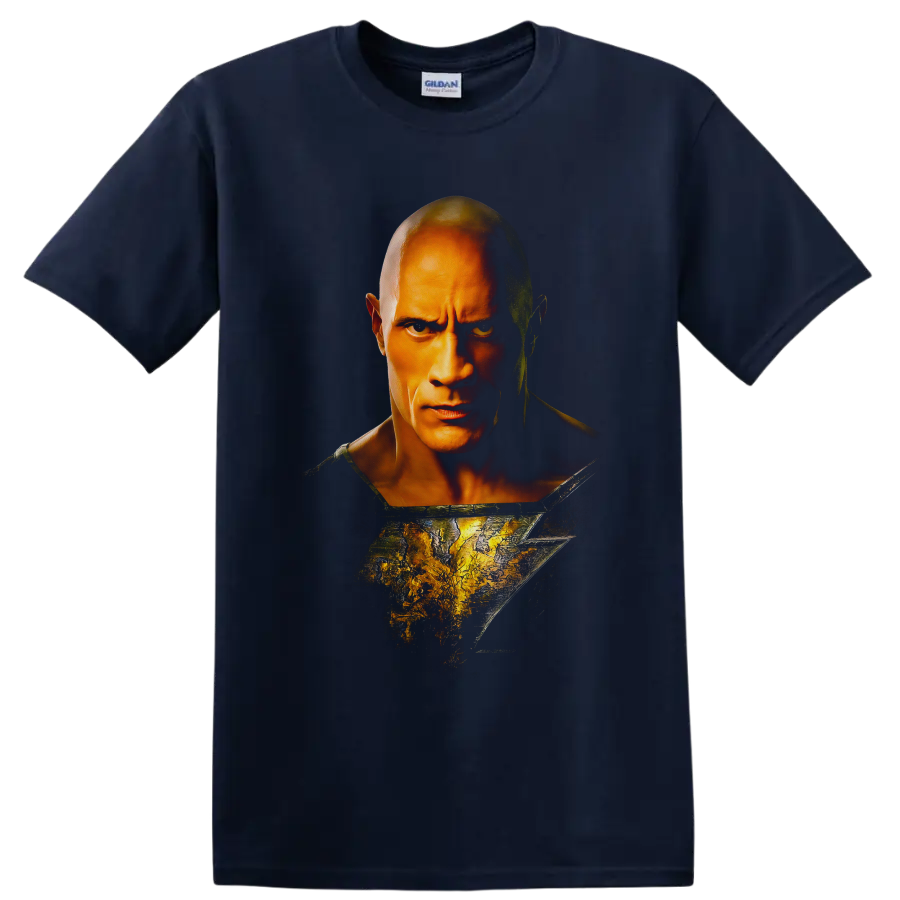 Black Adam portrait with cracked golden lightning motif and dramatic comic-style shadows on a Navy (Blue) T Shirt