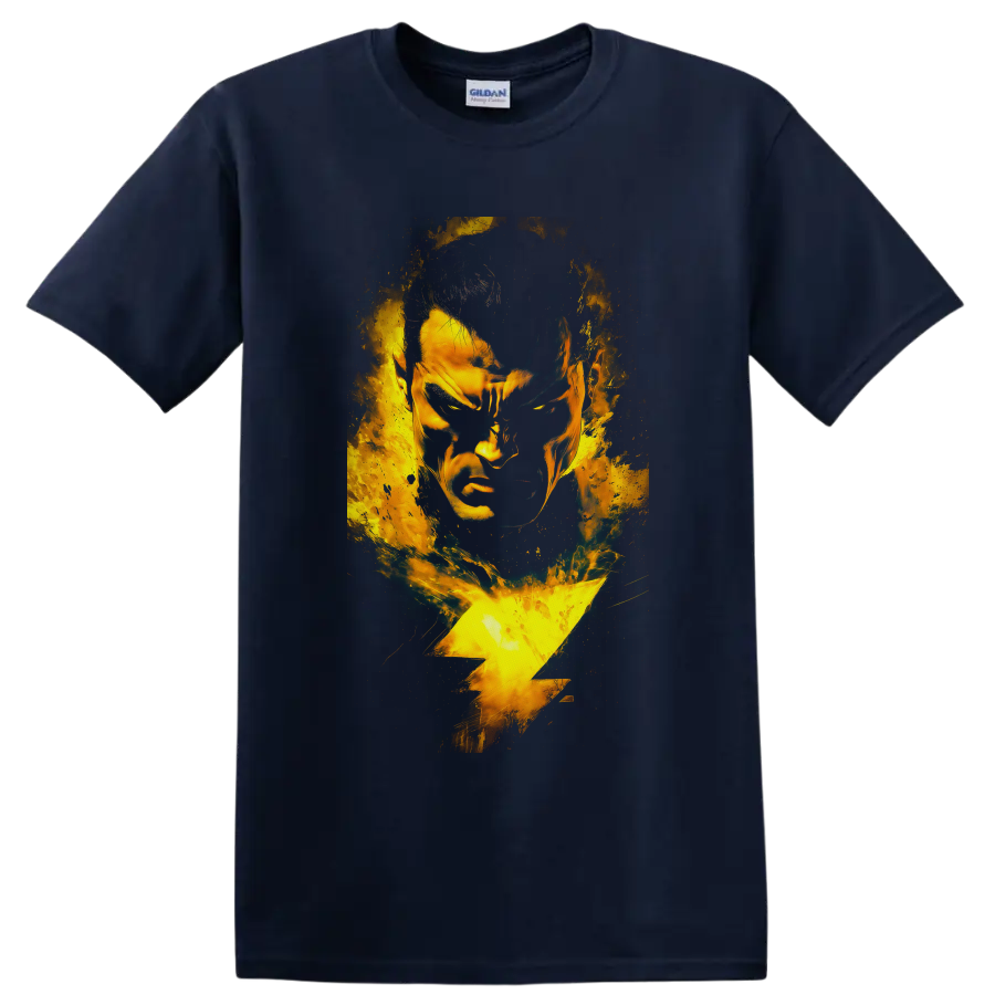 Shazam superhero portrait with golden lightning bolt and distressed comic-style energy on a Navy (Blue) T Shirt