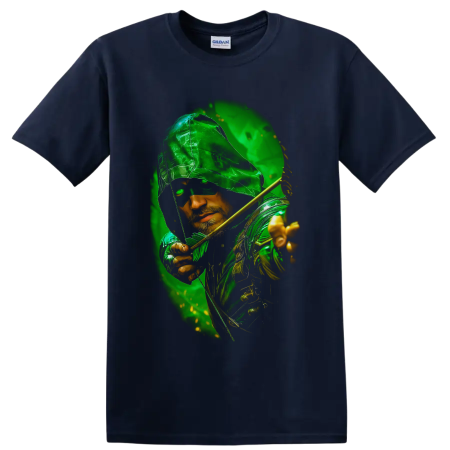 Green Arrow hooded archer portrait with golden bow and emerald comic-style glow on a Navy (Blue) T Shirt