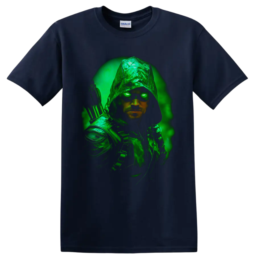 Green Arrow hooded archer portrait with glowing green eyes and neon aura on a Navy (Blue) T Shirt