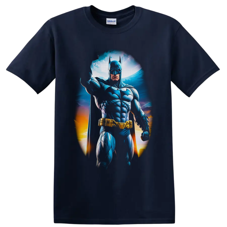 Batman White Lantern comic art with blue armor, gold belt, cape, and glowing skyline on a Navy (Blue) T Shirt