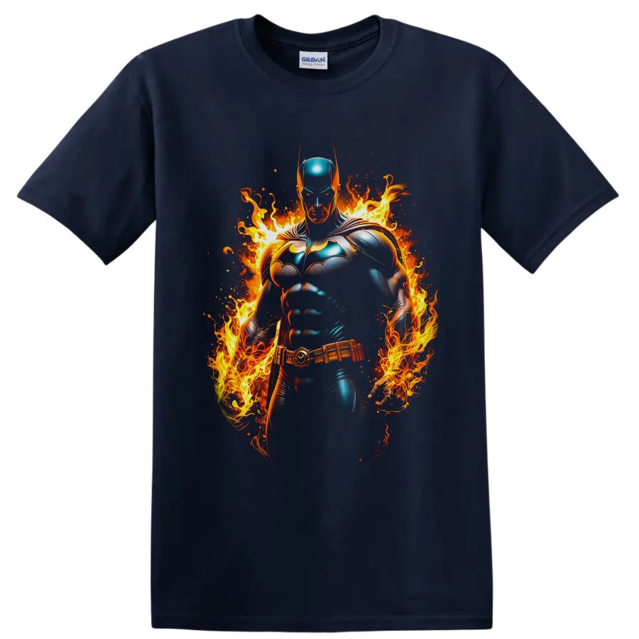 Batman White Lantern Brightest Day comic hero surrounded by vivid flames and embers on a Navy (Blue) T Shirt