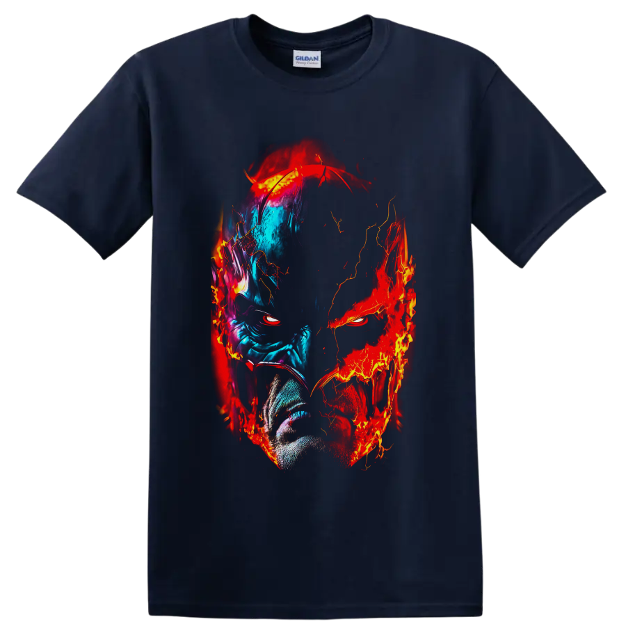 Batman split-face portrait in blue ice tones and red flame comic art on a Navy (Blue) T Shirt