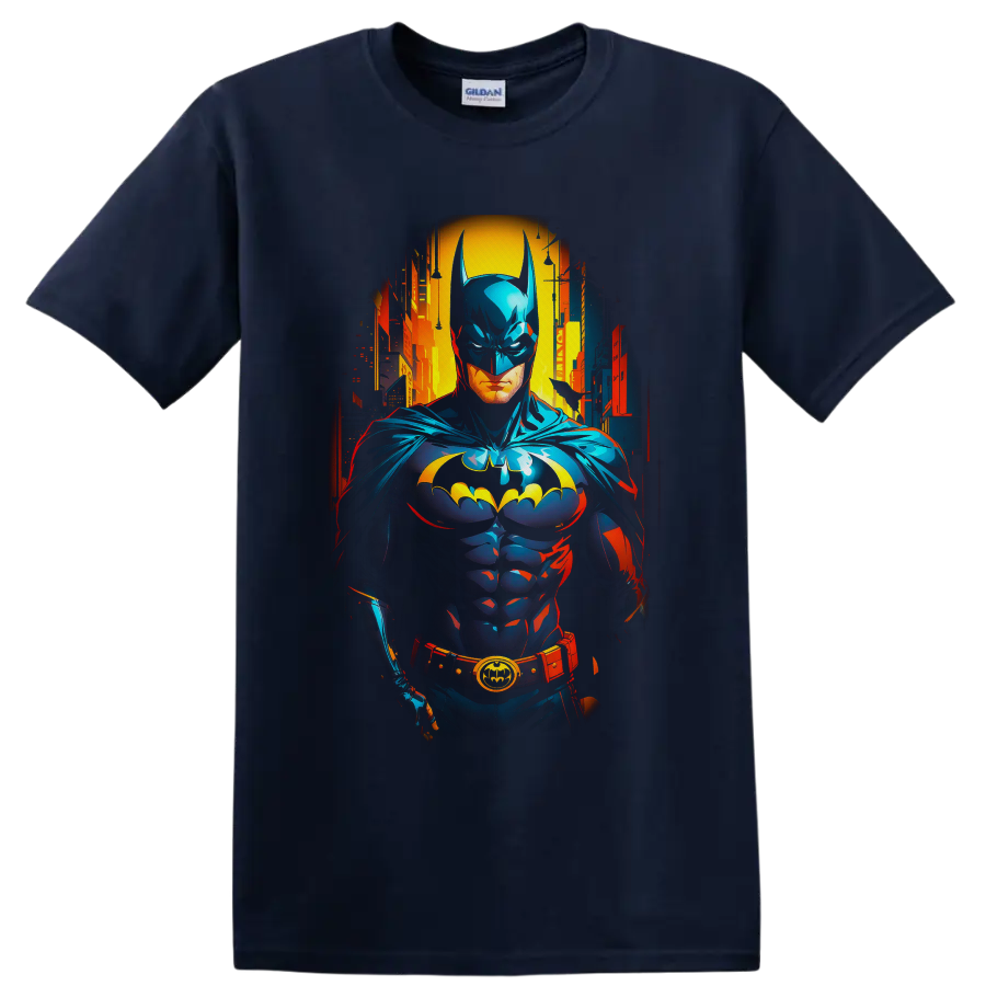 Batman in neon comic-book style before a glowing Gotham City skyline on a Navy (Blue) T Shirt