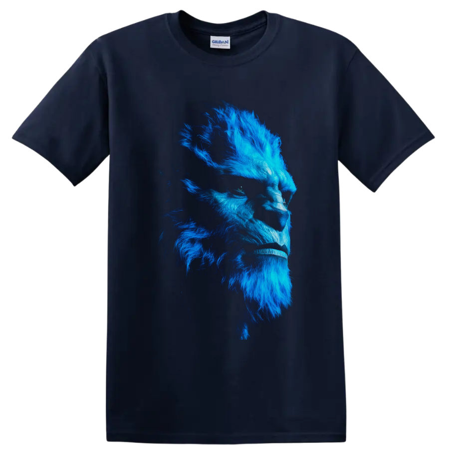 Beast X-Men electric blue mutant side-profile portrait in detailed comic-inspired style on a Navy (Blue) T Shirt