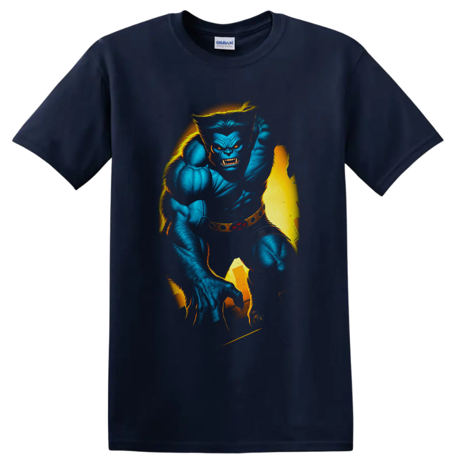 Beast Hank McCoy blue mutant superhero comic art with torn yellow costume on a Navy (Blue) T Shirt