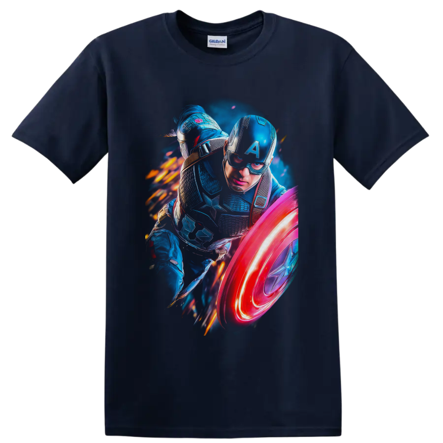 Sam Wilson Captain America in luminous armor with star shield and fiery action effects on a Navy (Blue) T Shirt