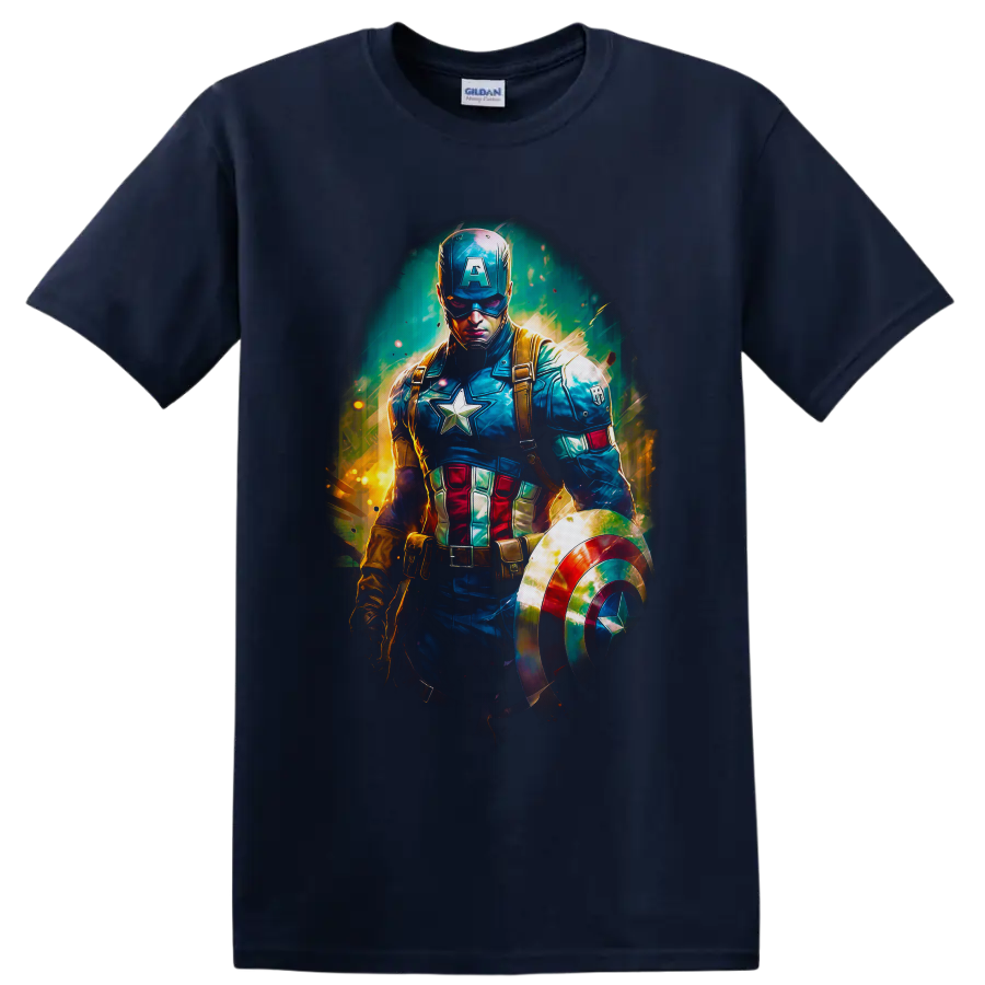 Captain America Steve Rogers with shield in vivid comic-inspired action art on a Navy (Blue) T Shirt