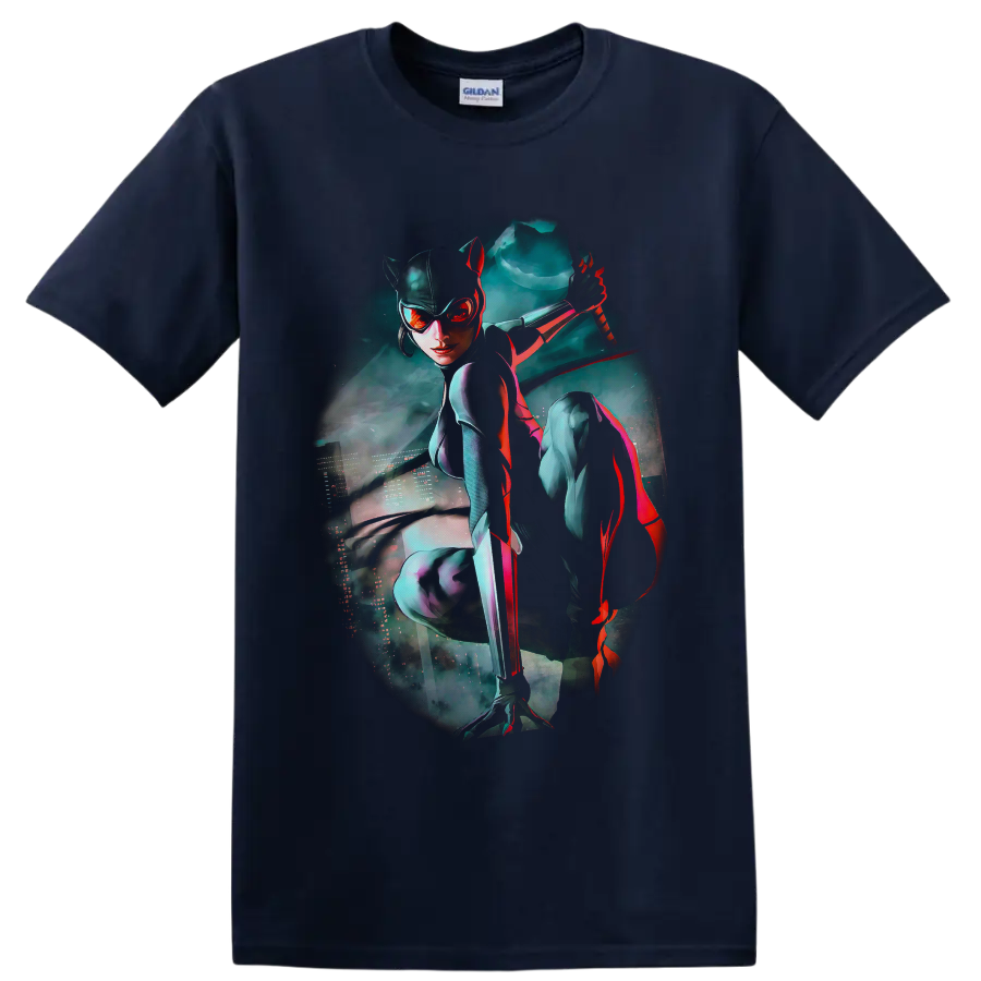 Catwoman cyberpunk art with whip, teal neon city mist, and red highlights on a Navy (Blue) T Shirt