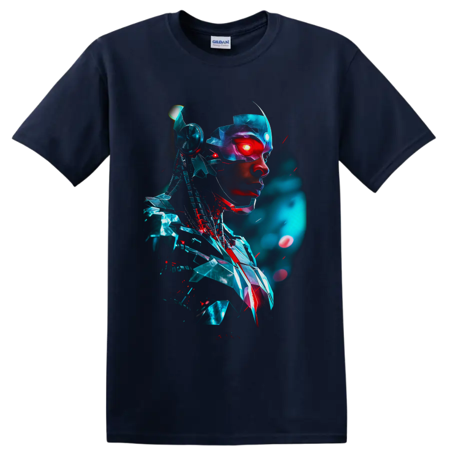 Cyborg Victor Stone cybernetic portrait with glowing red eye and teal futuristic armor on a Navy (Blue) T Shirt