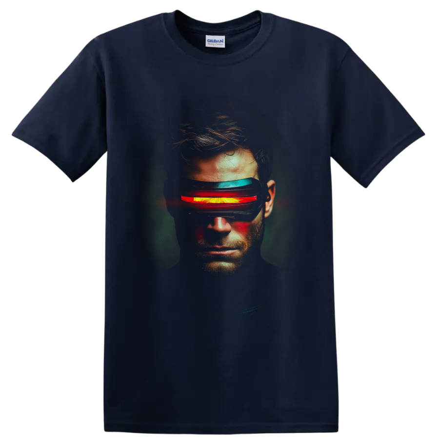 Cyclops Scott Summers portrait with glowing red visor beam in cinematic comic art on a Navy (Blue) T Shirt
