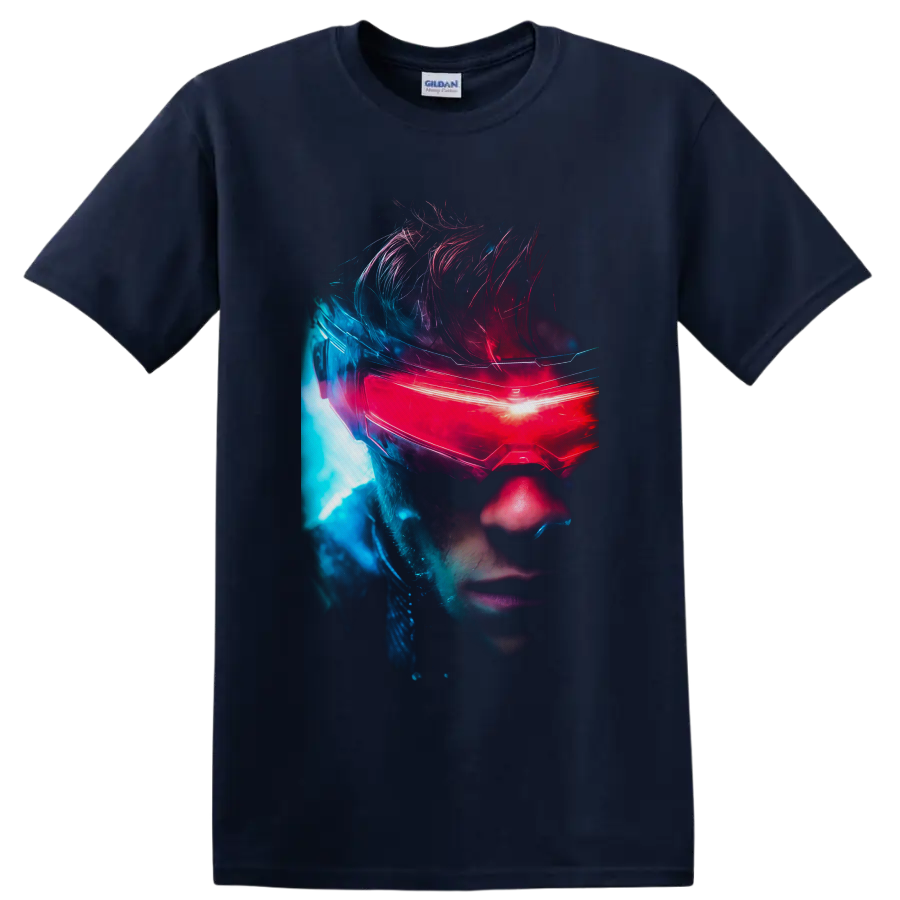 Cyclops Scott Summers neon portrait with glowing red visor and blue sci-fi light on a Navy (Blue) T Shirt
