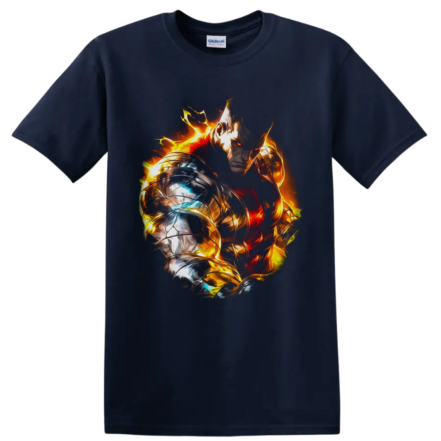 Escanor in silver and gold armor surrounded by blazing fire fantasy artwork on a Navy (Blue) T Shirt