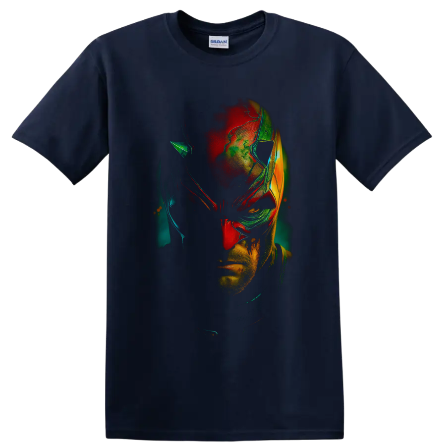 Daredevil Matt Murdock neon comic portrait with distressed red, teal, green, and gold on a Navy (Blue) T Shirt