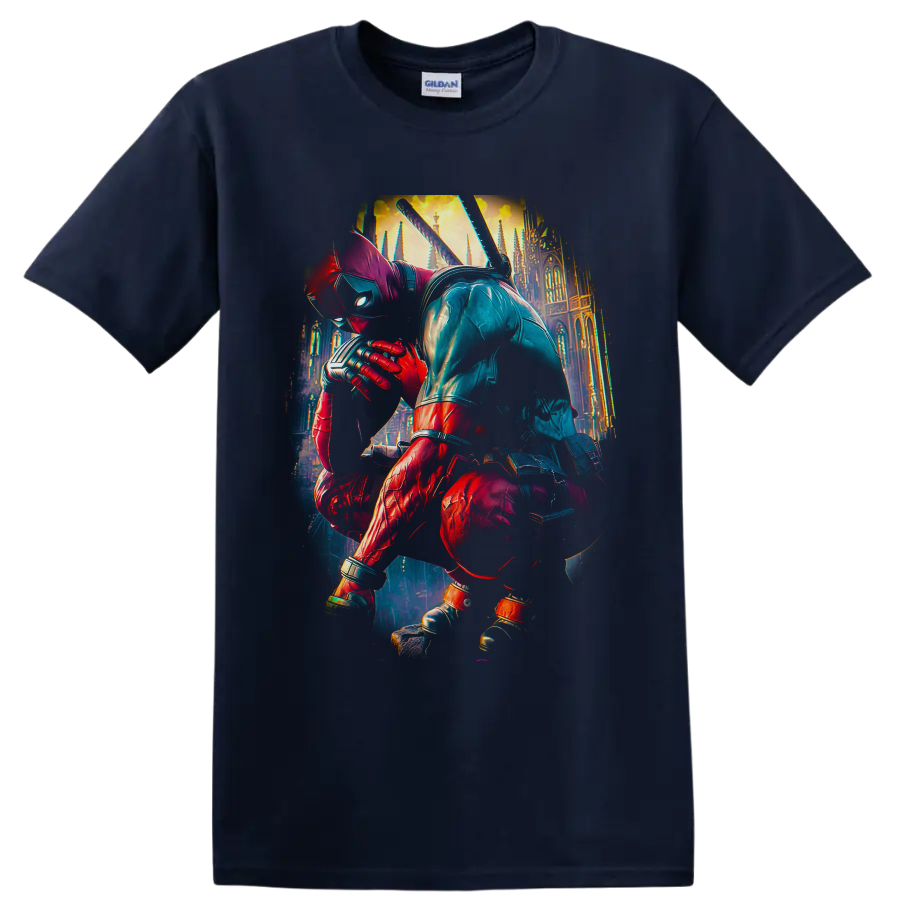 Deadpool crouching with katanas before a glowing Gothic cathedral in cinematic comic art on a Navy (Blue) T Shirt