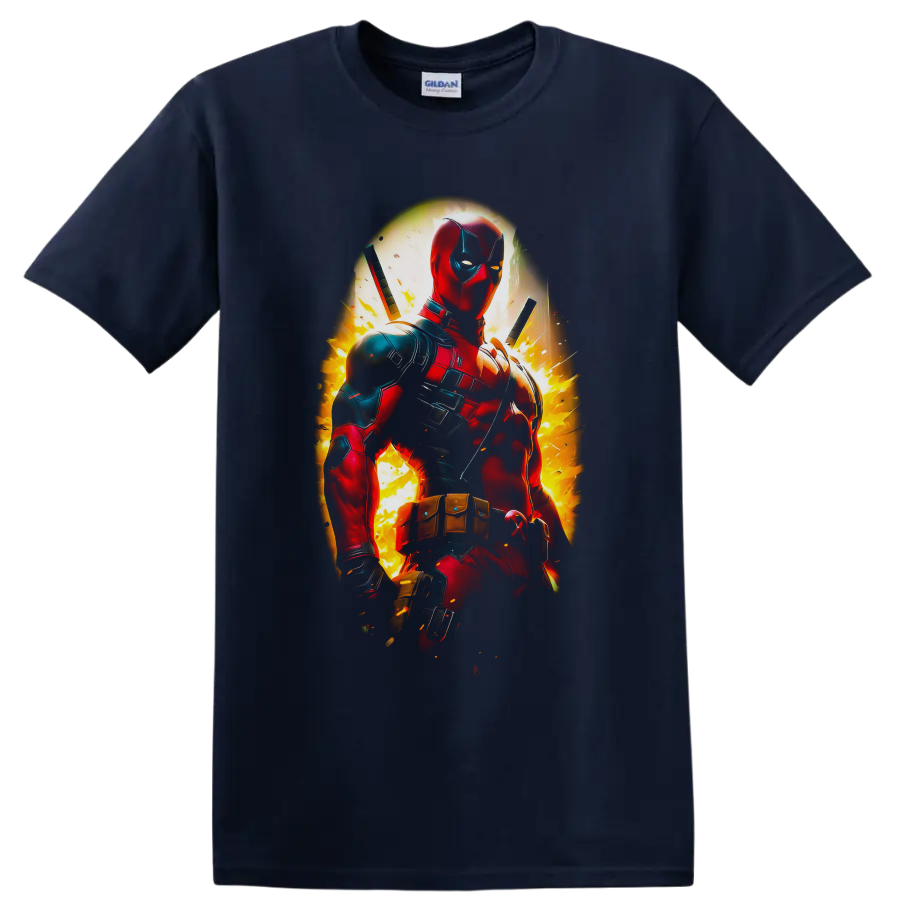 Deadpool in explosive comic action art with twin swords and fiery sparks on a Navy (Blue) T Shirt