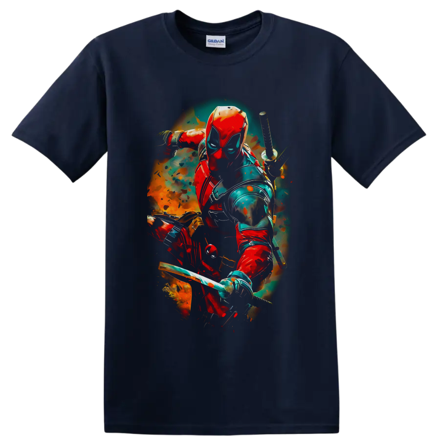 Deadpool masked with katanas in vivid red, teal, and orange comic action art on a Navy (Blue) T Shirt