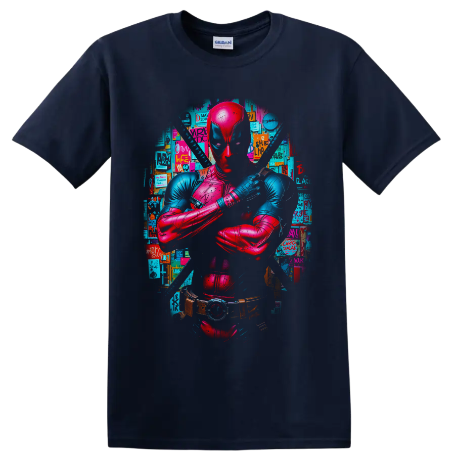 Deadpool neon comic portrait with crossed arms, twin katanas, and poster collage on a Navy (Blue) T Shirt