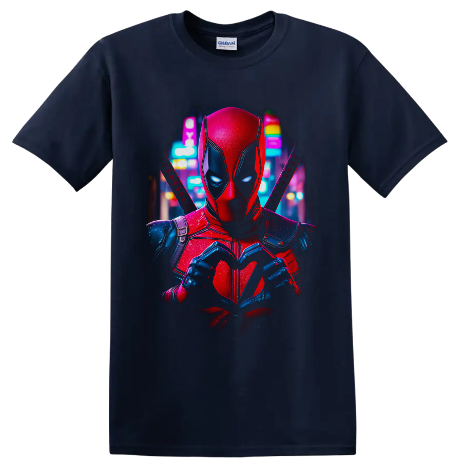 Deadpool making heart hands with crossed katanas in a neon city comic-art portrait on a Navy (Blue) T Shirt