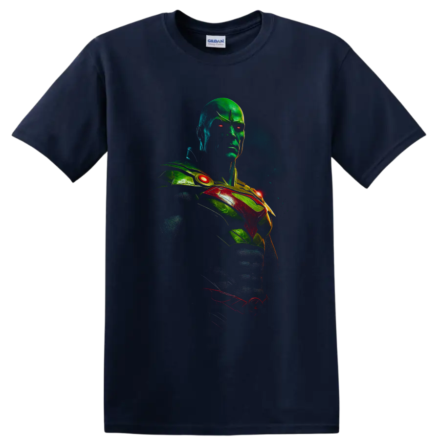 Martian Manhunter J'onn J'onzz neon cosmic superhero portrait with glowing red eyes on a Navy (Blue) T Shirt