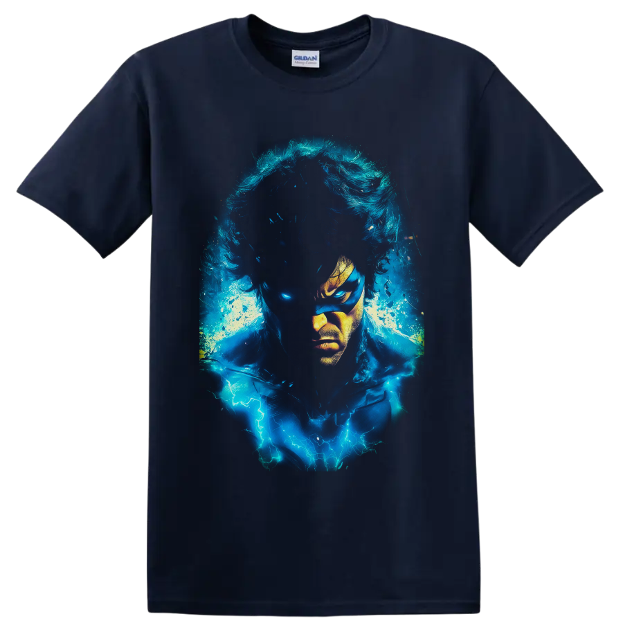 Iceman Bobby Drake portrait with electric blue ice energy and lightning effects on a Navy (Blue) T Shirt